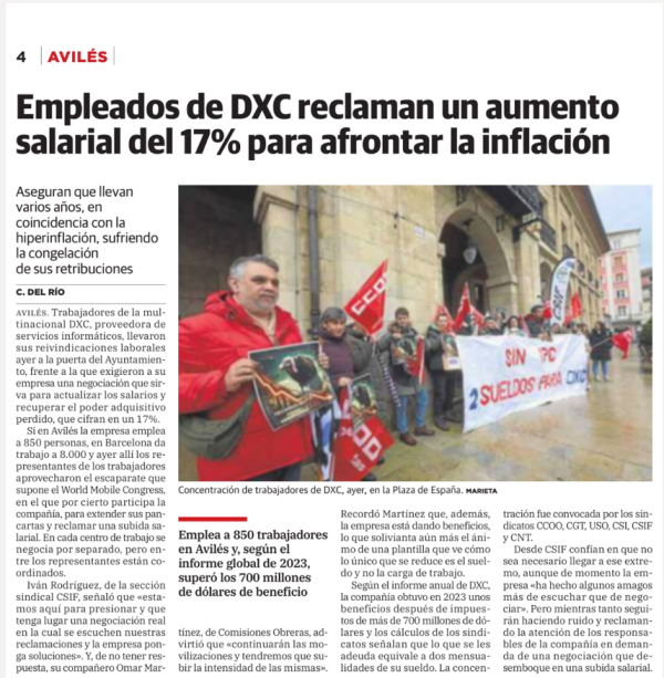 Bajo una fuerte lluvia, los y las compañeras del Grupo DXC en Avilés visibilizamos la problemática que vivimos después de una inflación del 17% desde 2020, el equivalente a dos meses de salario perdidos cada año.