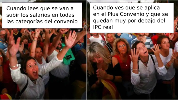 A la izquierda gente muy feliz porque ha leído que el convenio revisa las tablas salariales. A la derecha la misma gente muy triste al ver que la modificación se aplica al Plus Convenio y se queda muy por debajo del IPC real